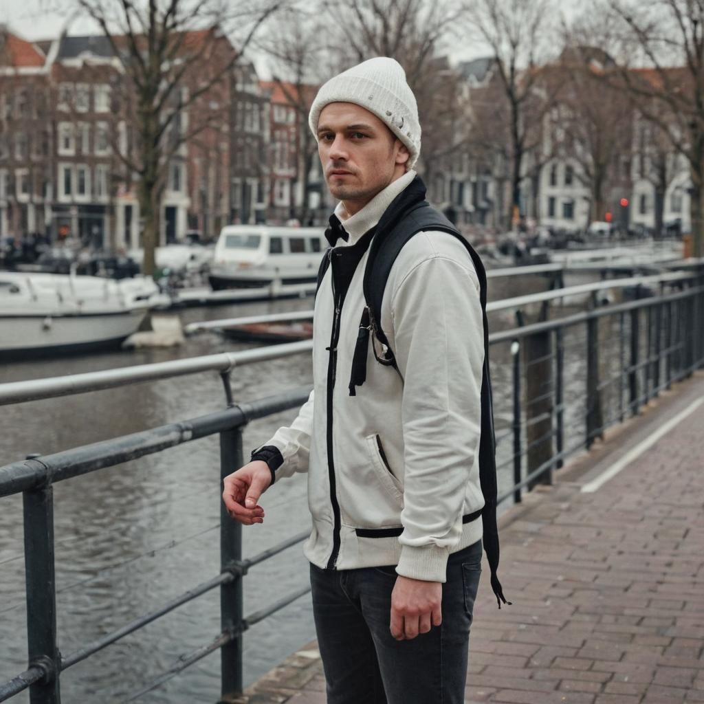 Slavic Man in Amsterdam Winter Scene: Photorealistic