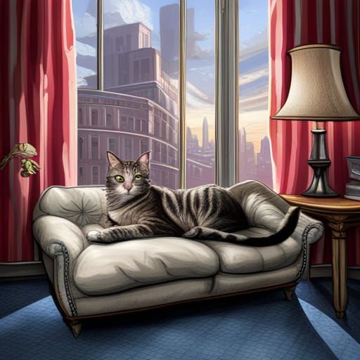 Grey Tabby Cat Waking Up: Animated Digital Painting