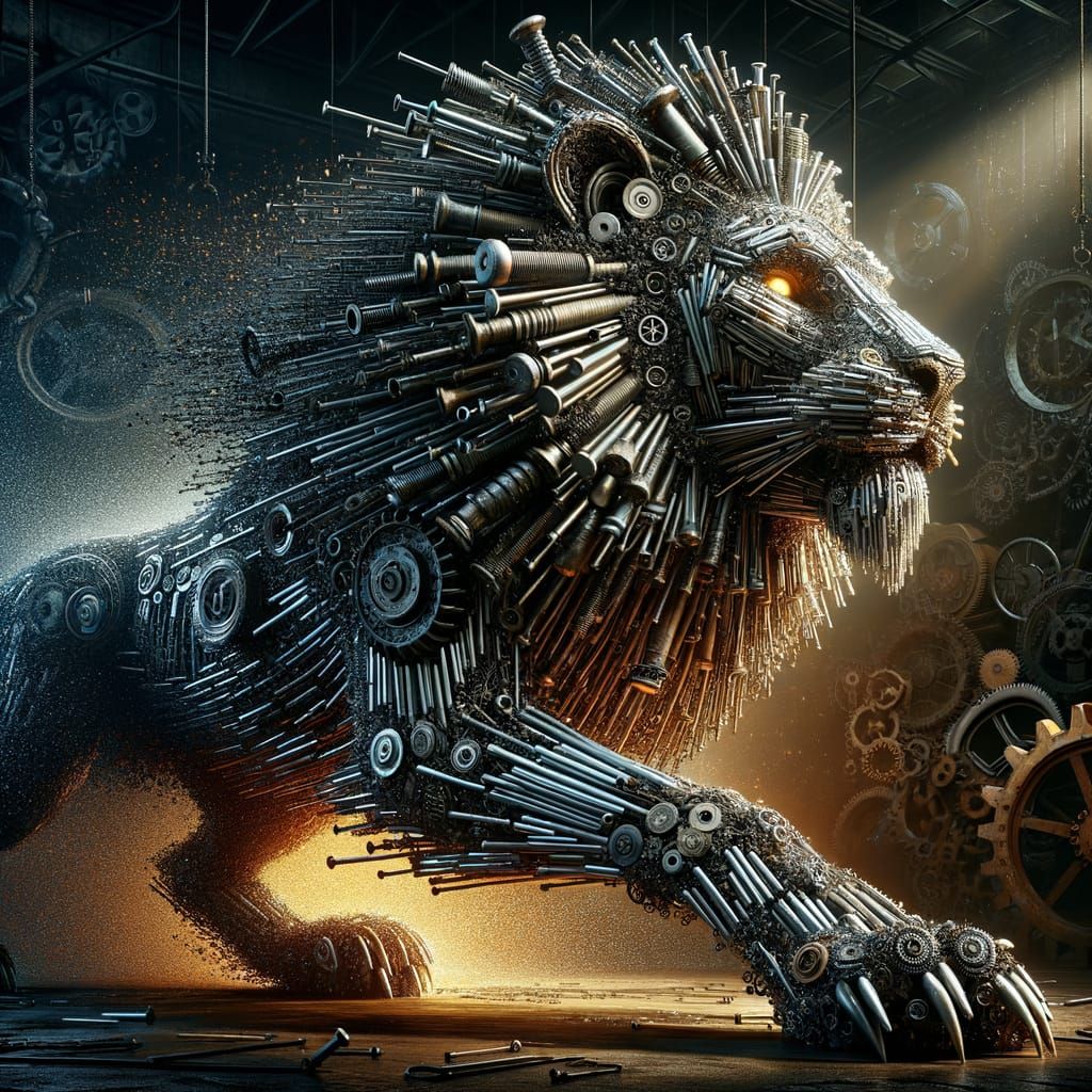 Steampunk Lion Sculpture of Nails and Screws