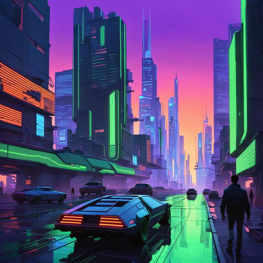 Cyberpunk Cityscape with Glowing Code Streams