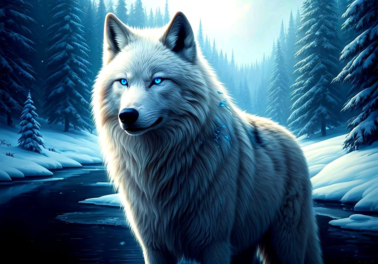 Hyperrealistic White Wolf with Blue Eyes in Winter