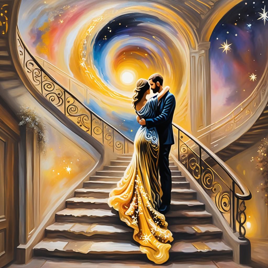 Surreal Embrace: Impressionistic Oil Painting with Golden Li...