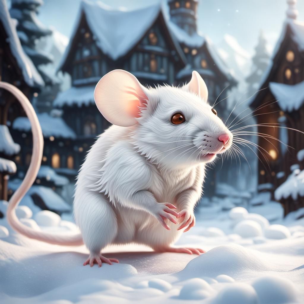 Adorable Albino Mouse in Winter: Detailed Matte Painting
