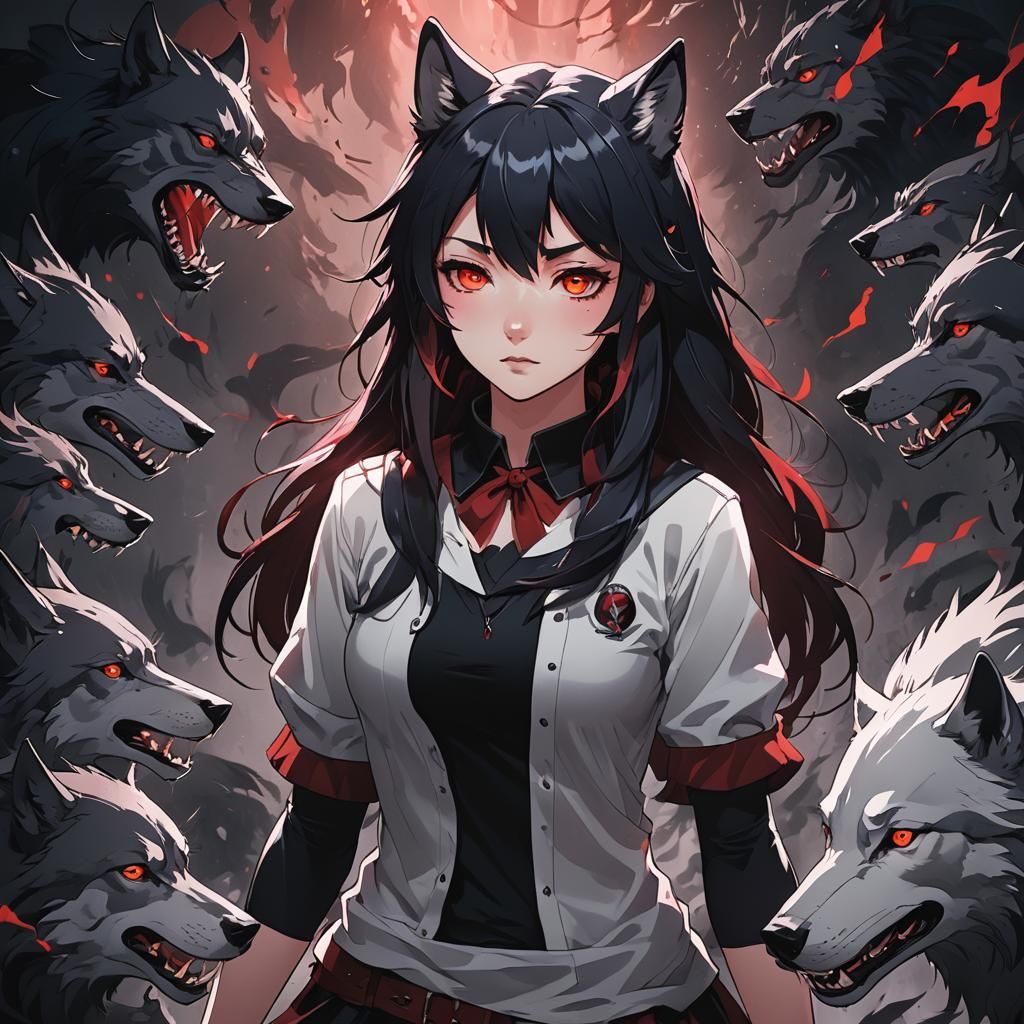 Anime Wolf Girl with Dark Aura, Cel-Shaded Style