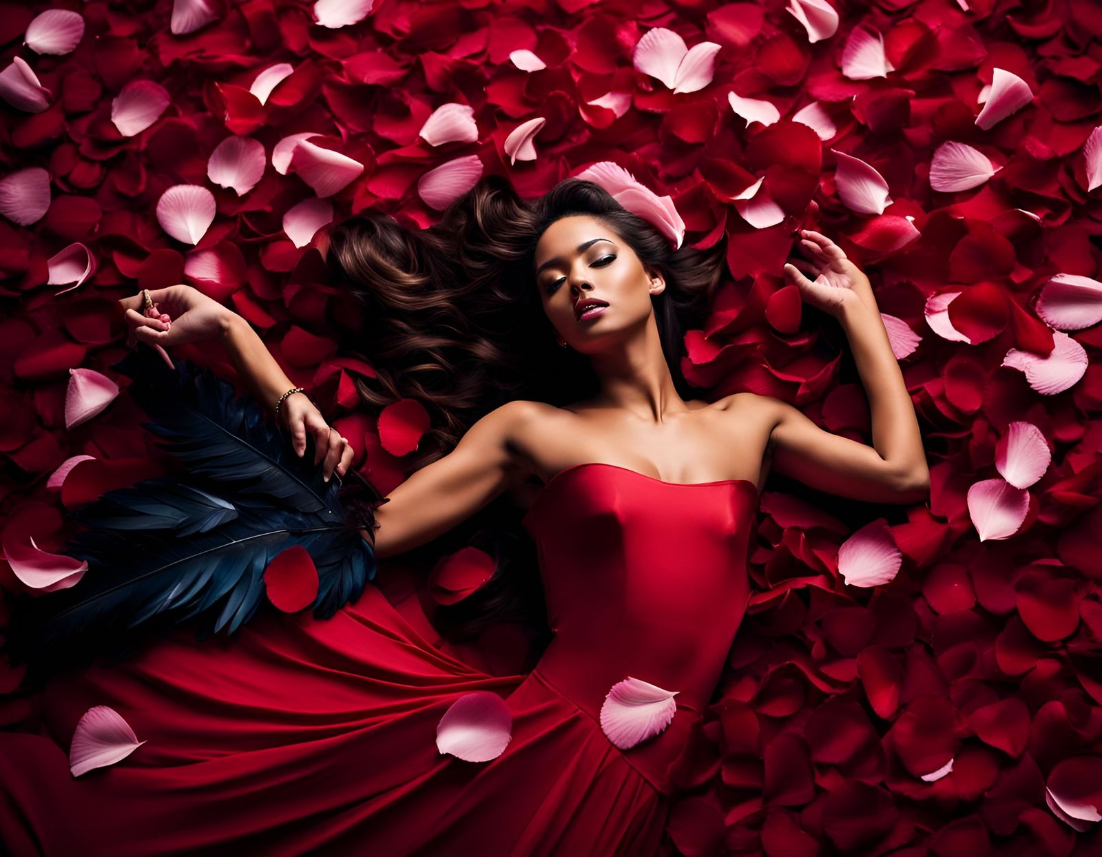 Woman with an alluring hourglass figure, surrounded by rose ...