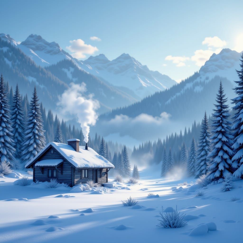 Ethereal Snowy Cottage in Valley