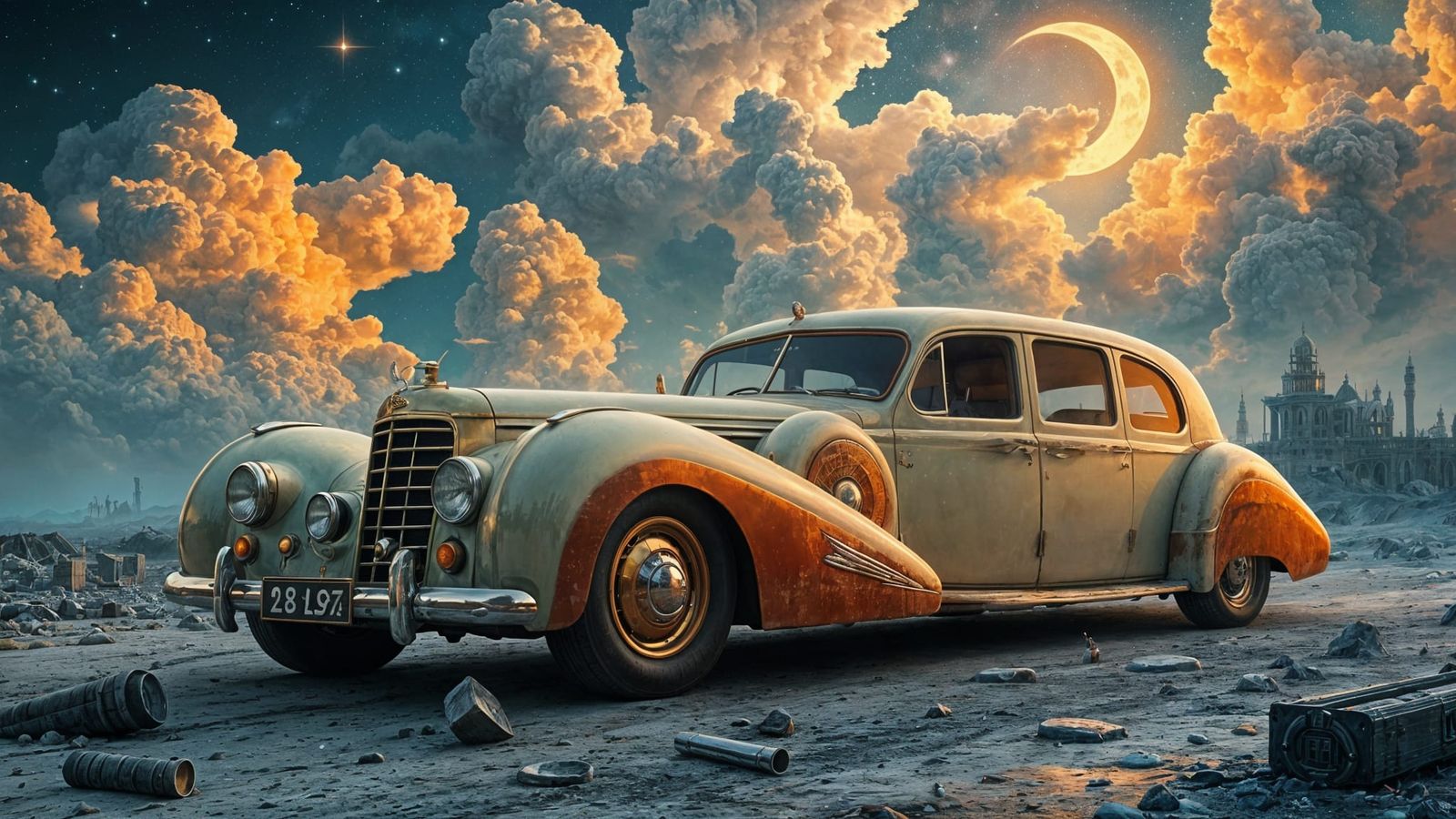 Majestic Steampunk Limousine in Dreamlike Post-Apocalyptic L...