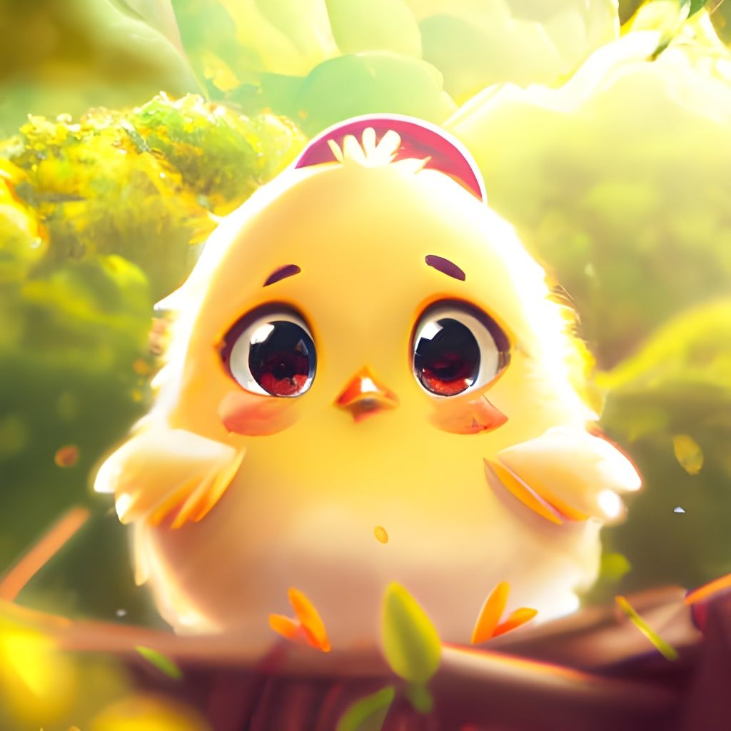 Adorable Chibi Chicken in Forest, Digital Illustration