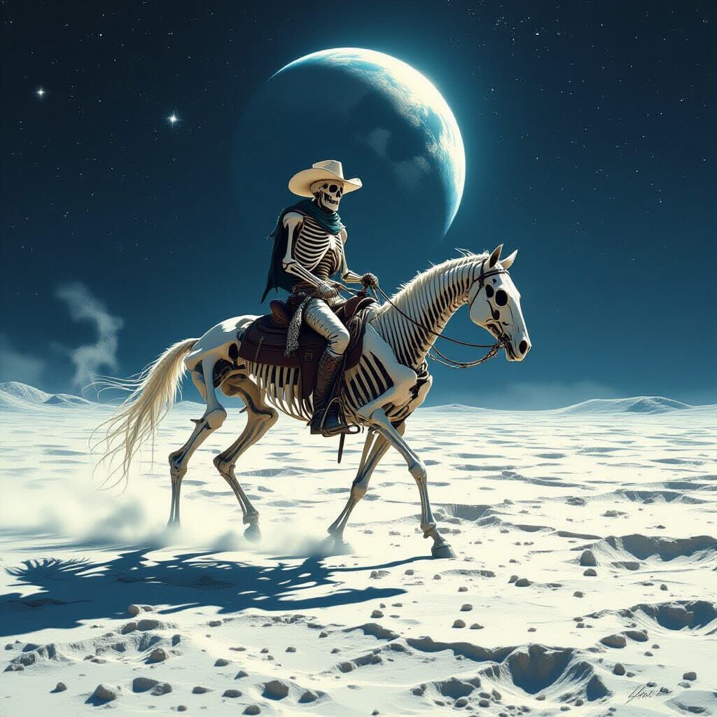 Skeletal Cowboy Rides Horse on Moon in Dark Fantasy Style