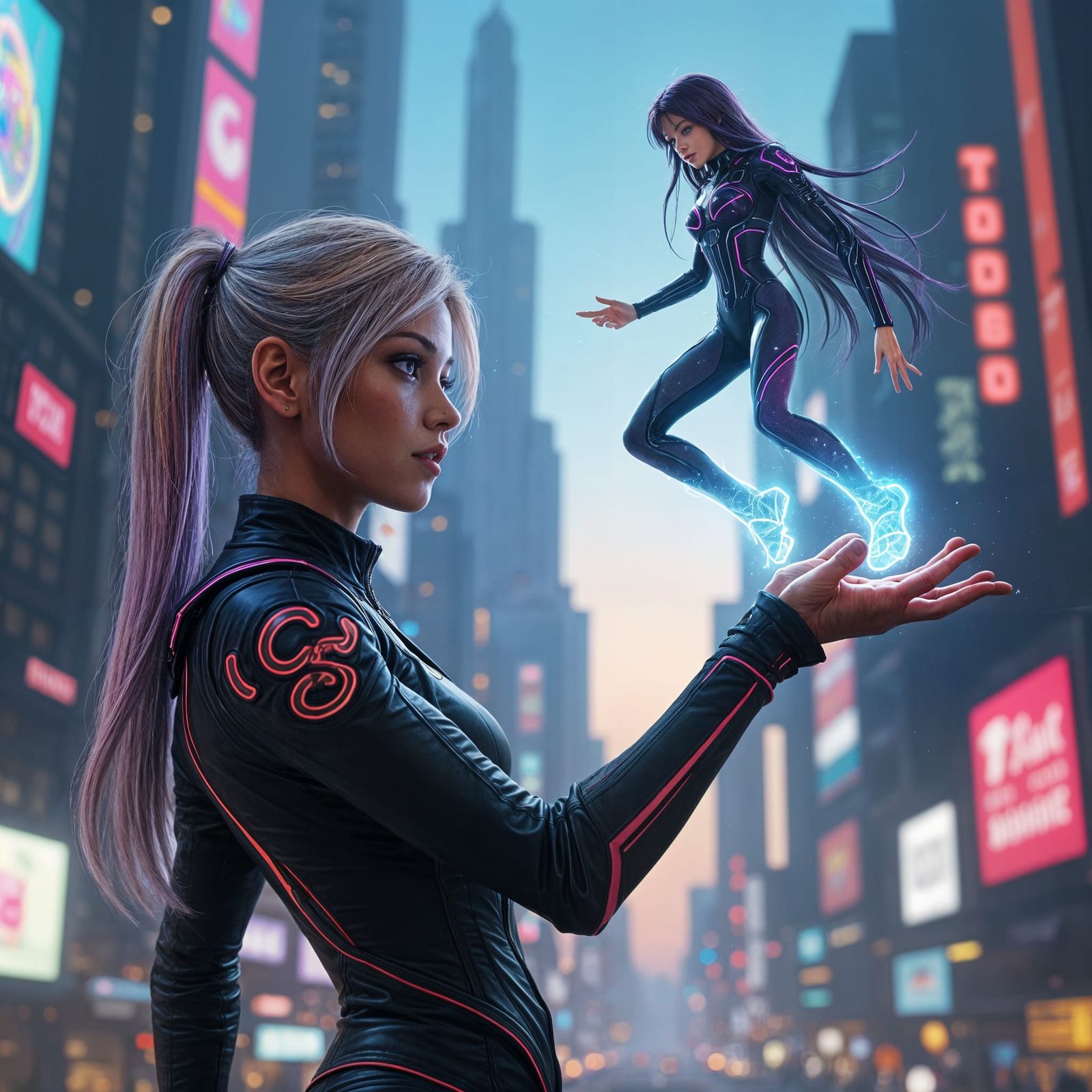 Holographic Projection in a Futuristic Cityscape