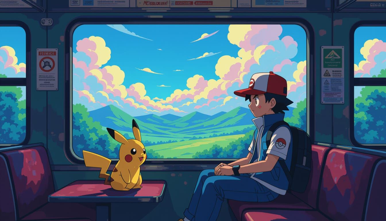 Ash Ketchum and Pokemon in Ghibli Landscape