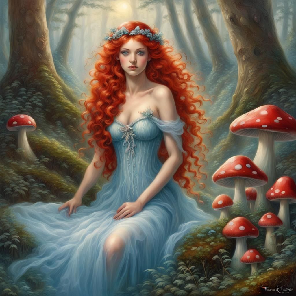 Red-Haired Fairy Princess in Mushroom Forest