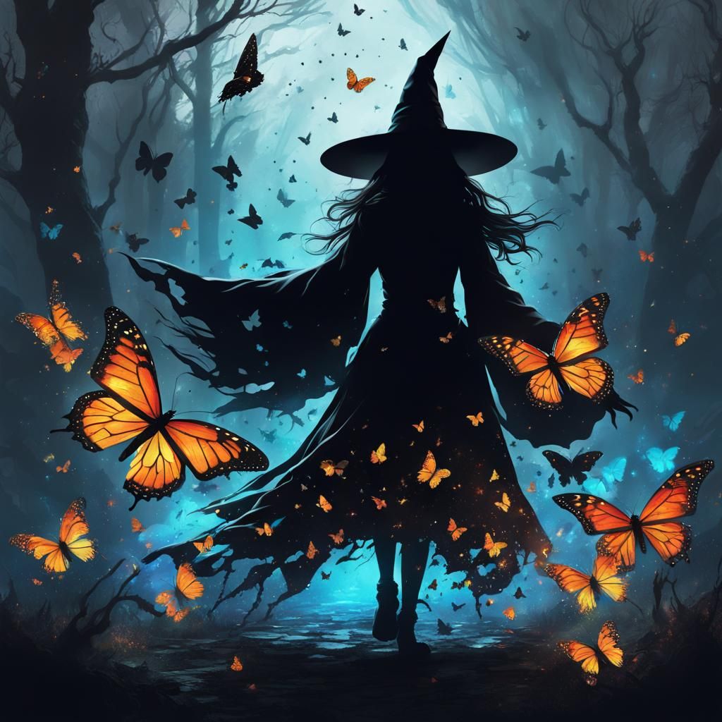 Witch Silhouette Surrounded by Prismatic Butterflies