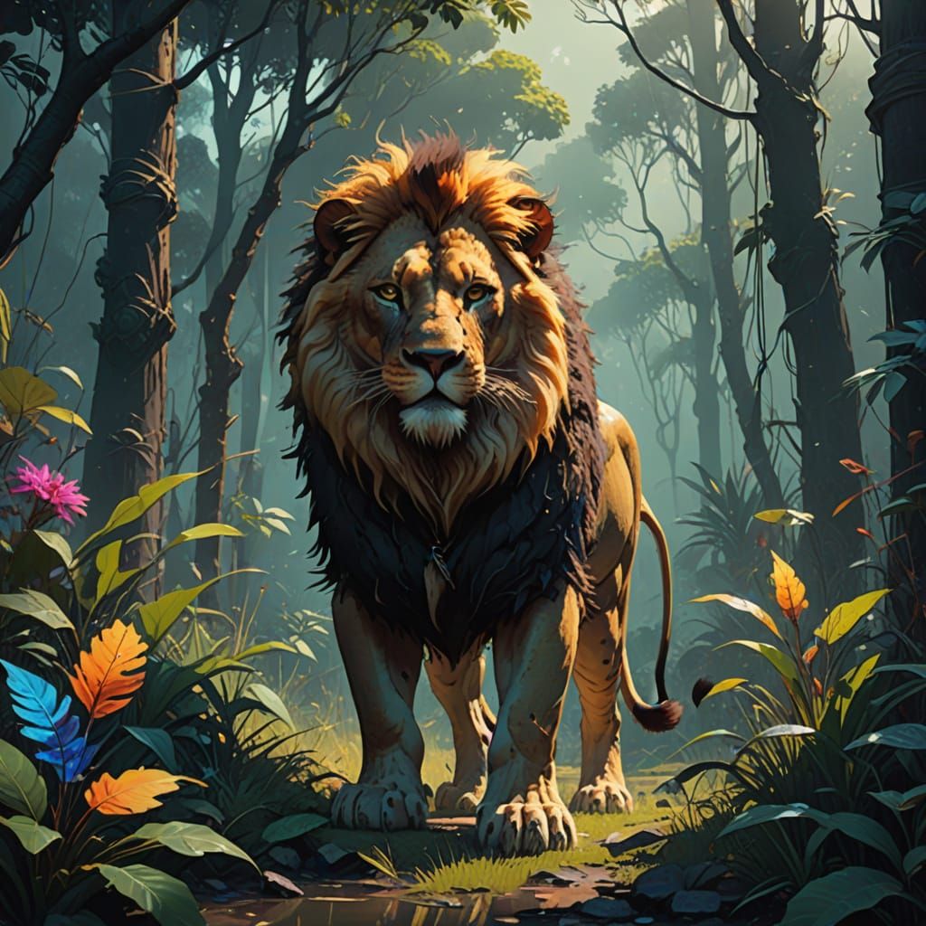 Lion in Bioluminescent Jungle with Tribal Markings