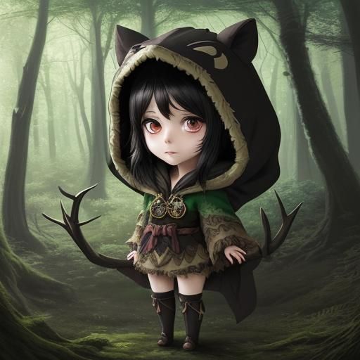 Chibi Druid in Antler Hood, Anime Style