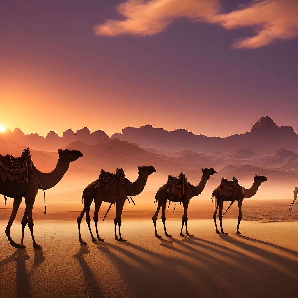 Camels at Desert Sunset: Fantasy Concept Art