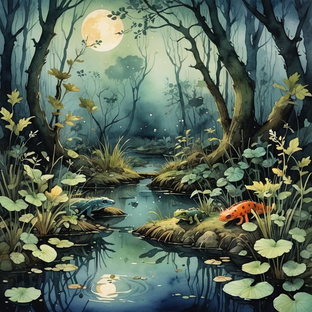 πΈοΈπͺ·πΏ salamander moonlight watercolor swamp, Malgorzata Kmiec, Antoni Tudisco, Romain Trystram, Jinhwa Jang, π»