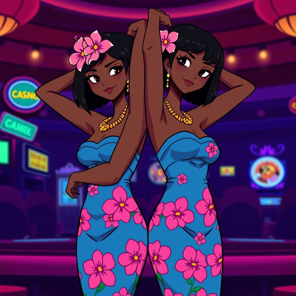 Twin Hula Girls in Casino, 80s Cartoon Style