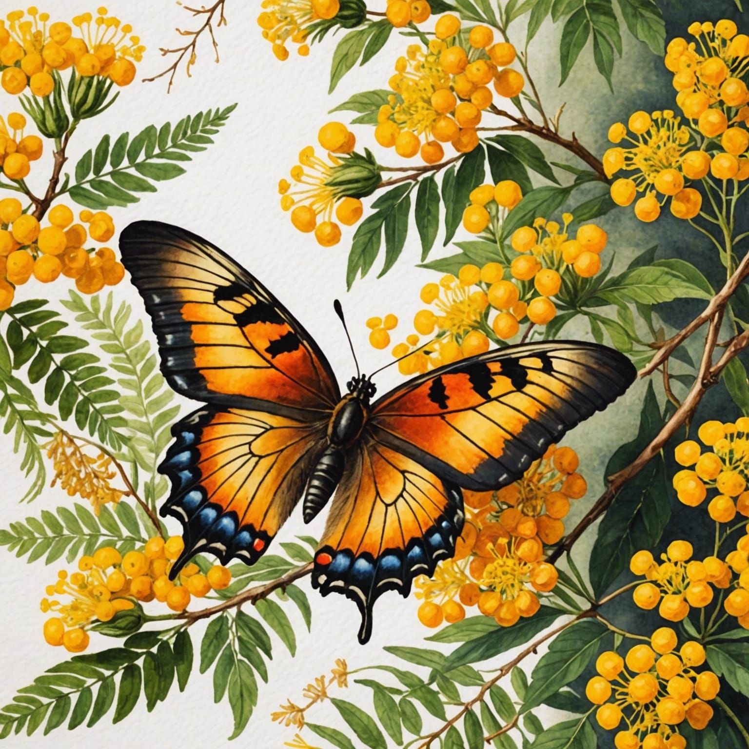 Mimosa Branches and Butterfly in Watercolor Style