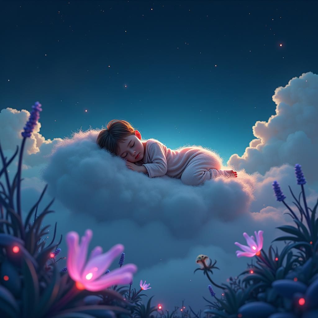 Child Sleeping on Cloud in Starry Sci-Fi World