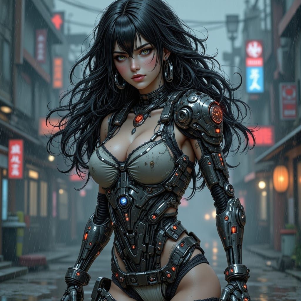 Cyberpunk Girl in Rainy Urban Landscape