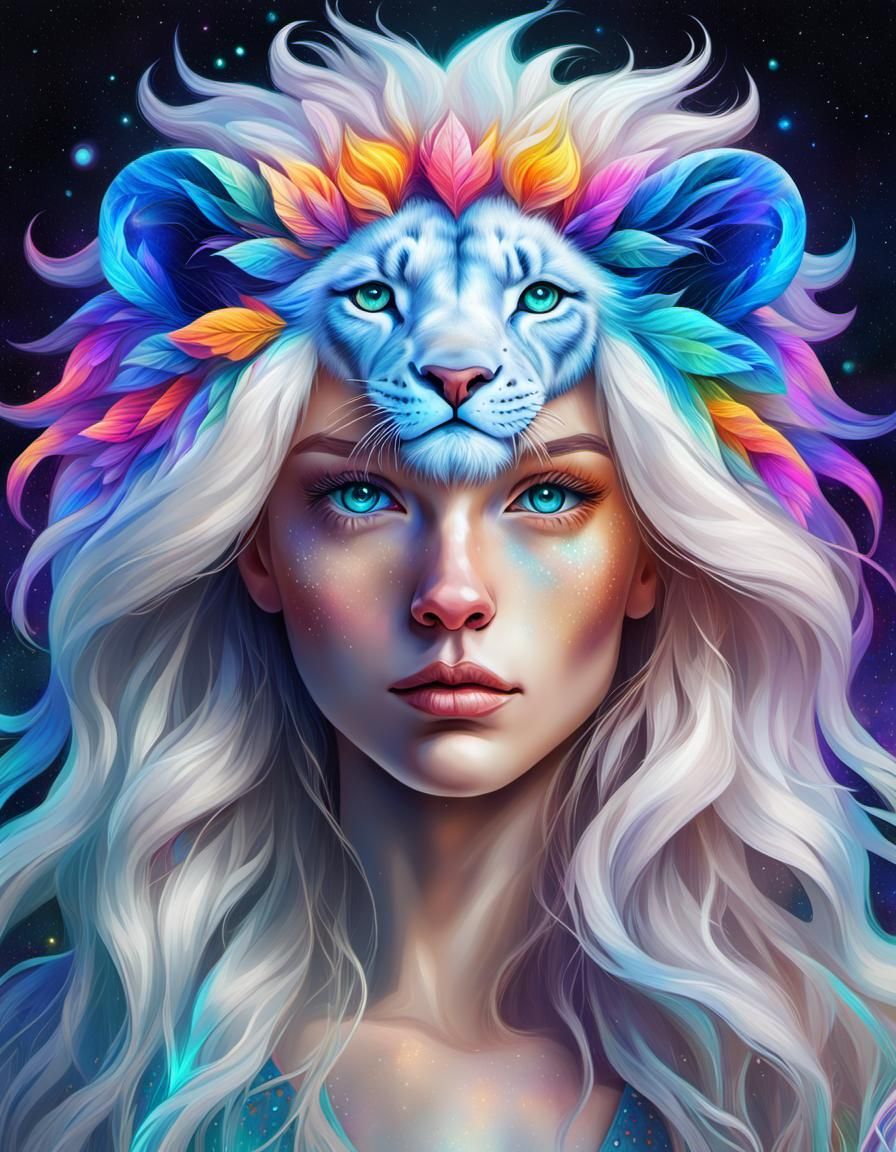 Colorful Haired Girl with Lion in Astral Illustration