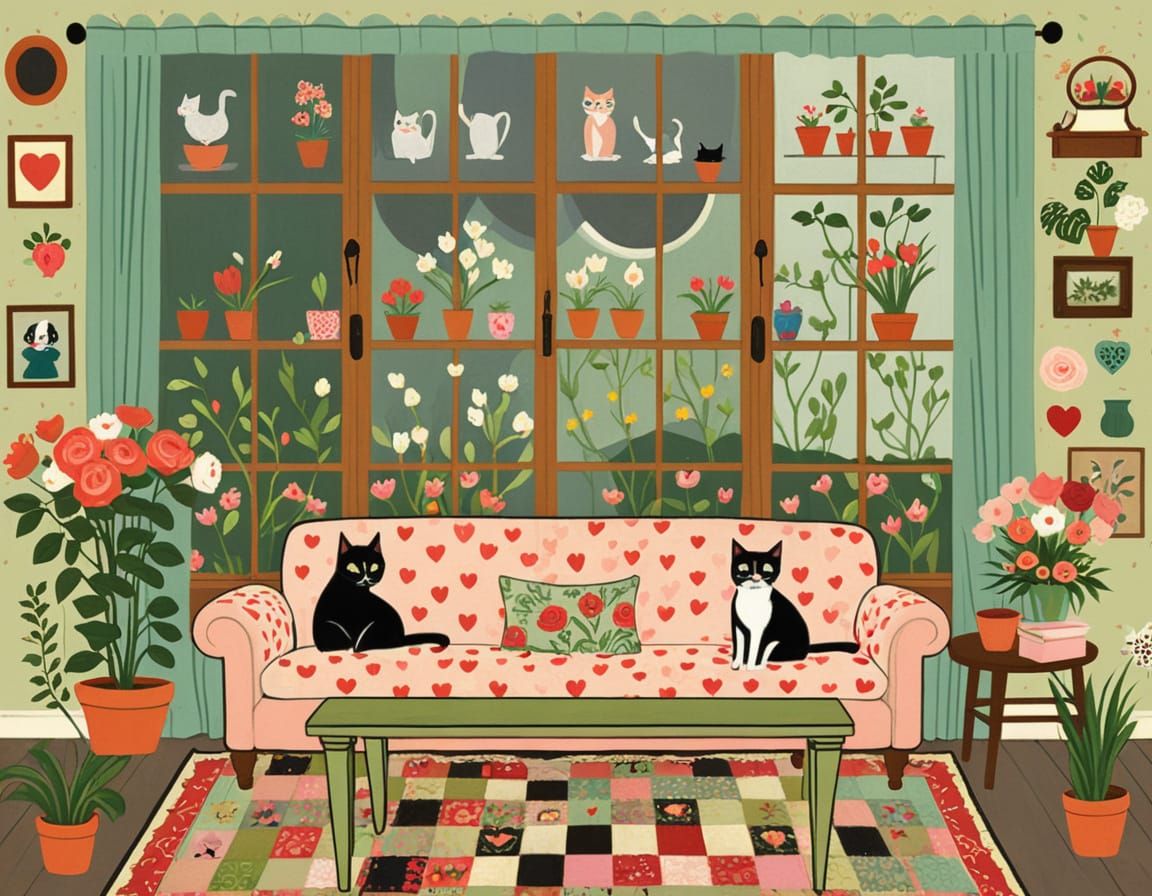 Cozy Springtime Scene in Whimsical Naive Art Style