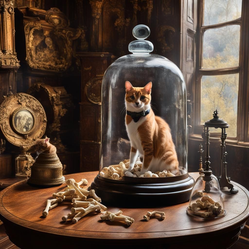 A cat, dog and bones in a bell jar on a table in a Victorian...