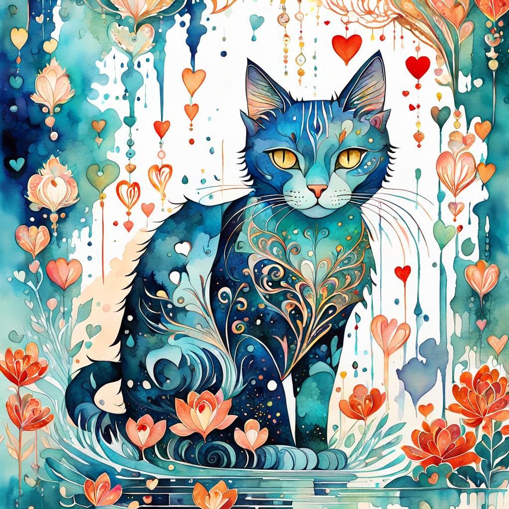 Ornate Valentine Cat Watercolor Painting