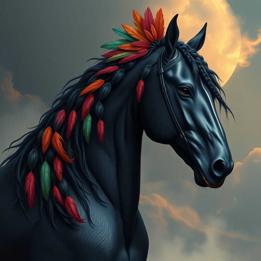 a solid black horse with his hair in braids and feathers