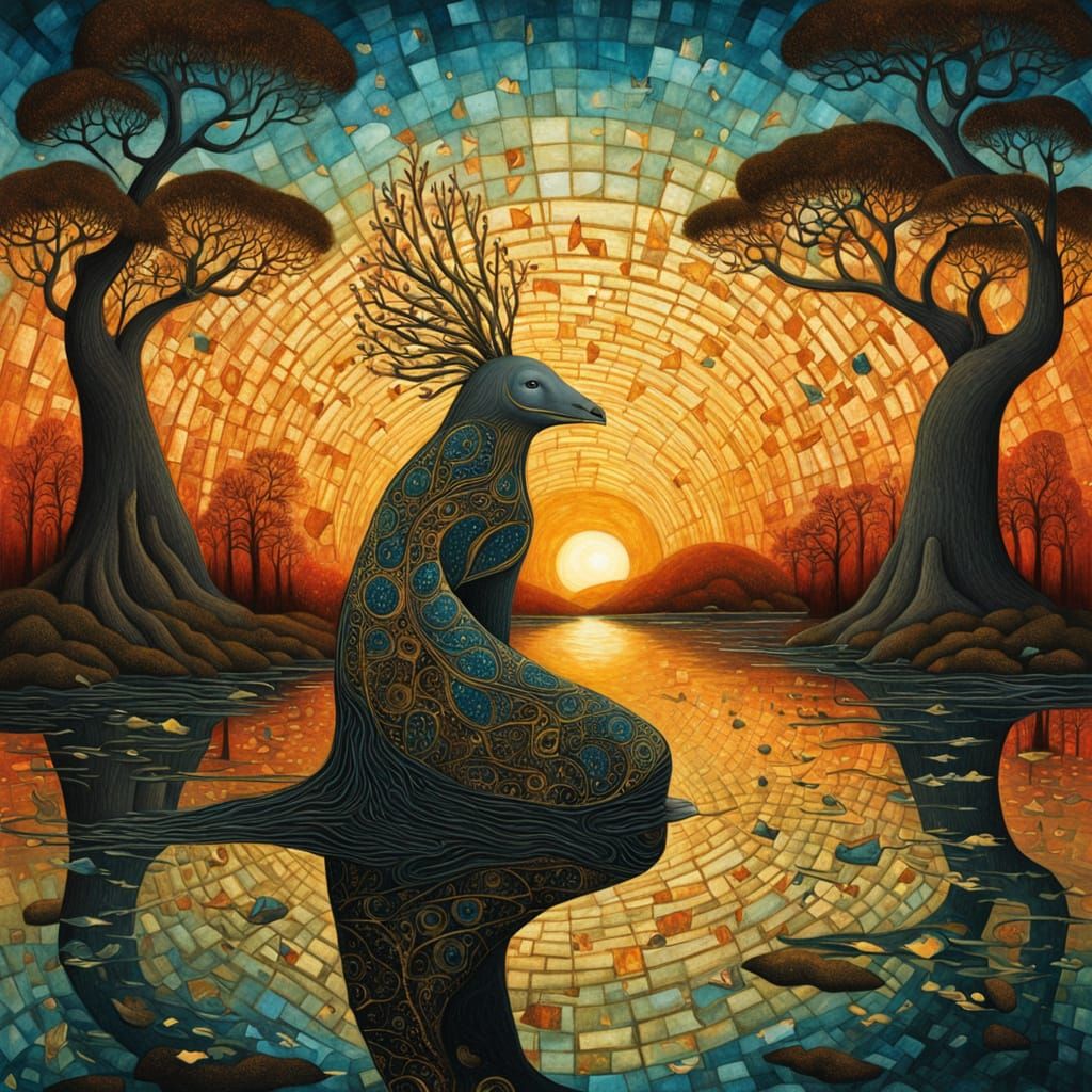 Mystical Shaman Gathers Mirror Shards at Sunset Labyrinth