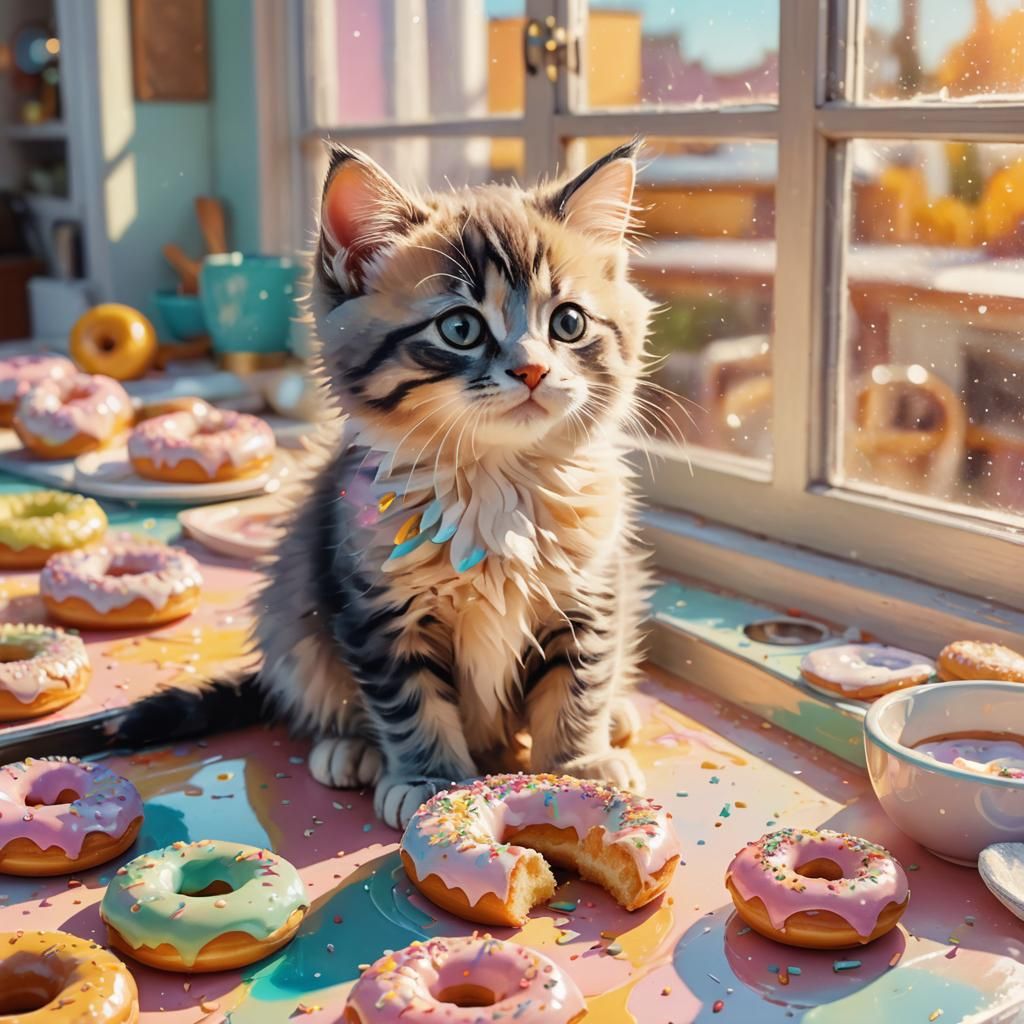 Kitten's Doughnut Feast: Whimsical Digital Art