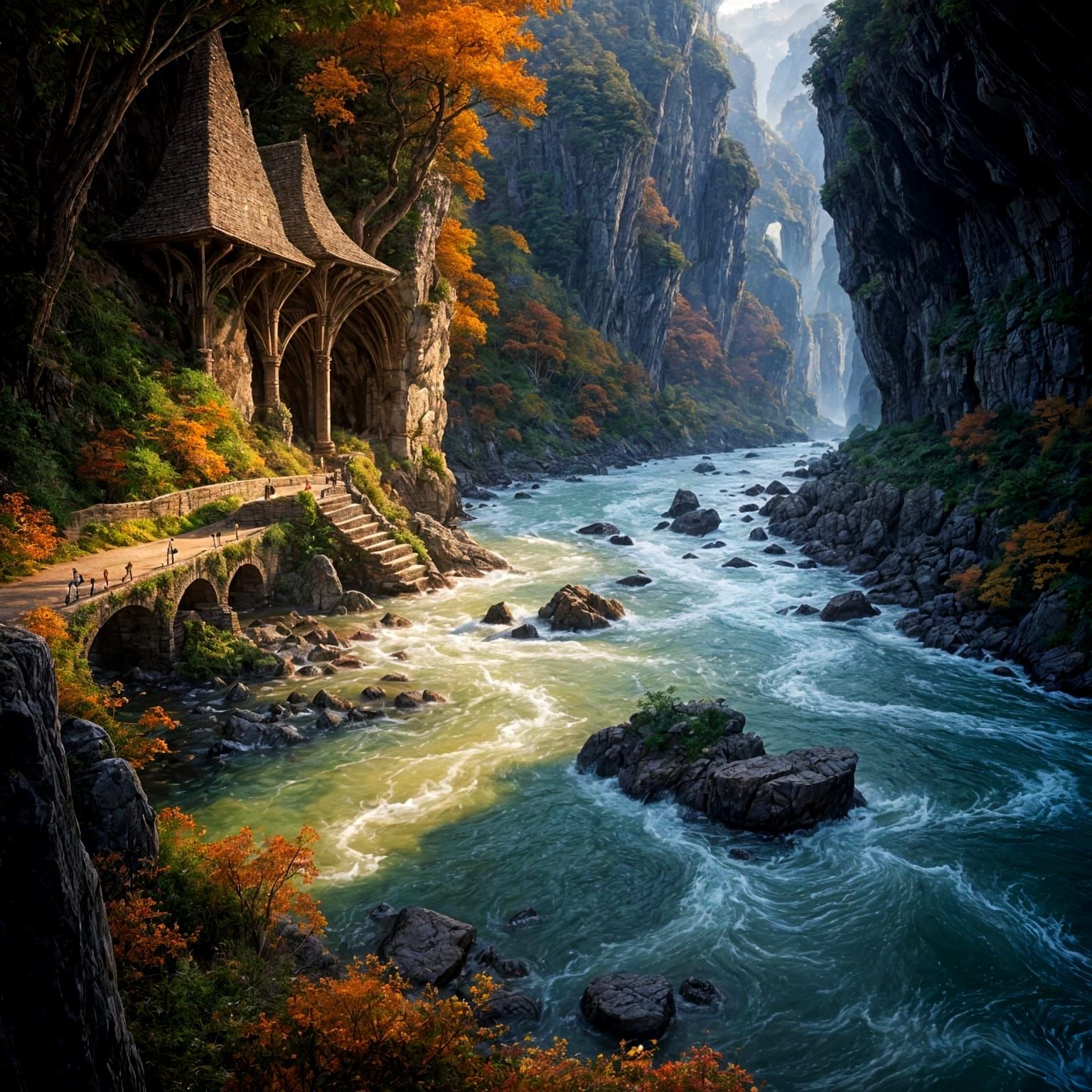 Fantasy Bridge Over Canyon in Autumn Mist