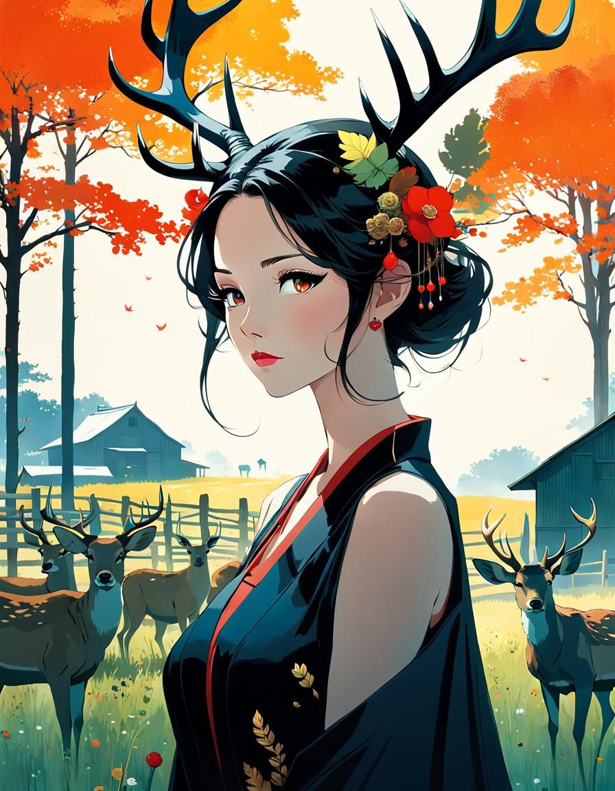 Anime Deer Queen Portrait in Digital Art Style