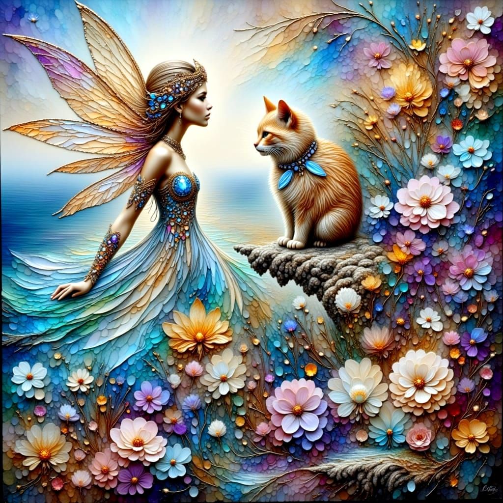 Dreamy Fairy and Feline Duo in Vibrant Oil Painting