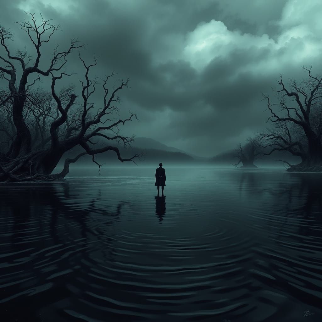 Surreal Figure Stares Back from Stormy Lake in Dark, Cyberpu...