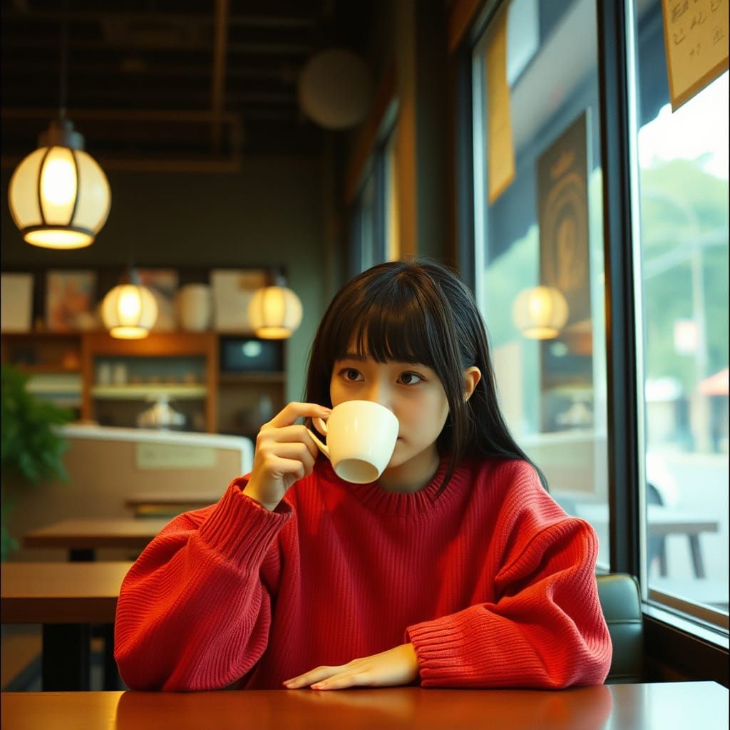 A Young Woman Sips Tea in a Cinematic Coffee Shop Scene