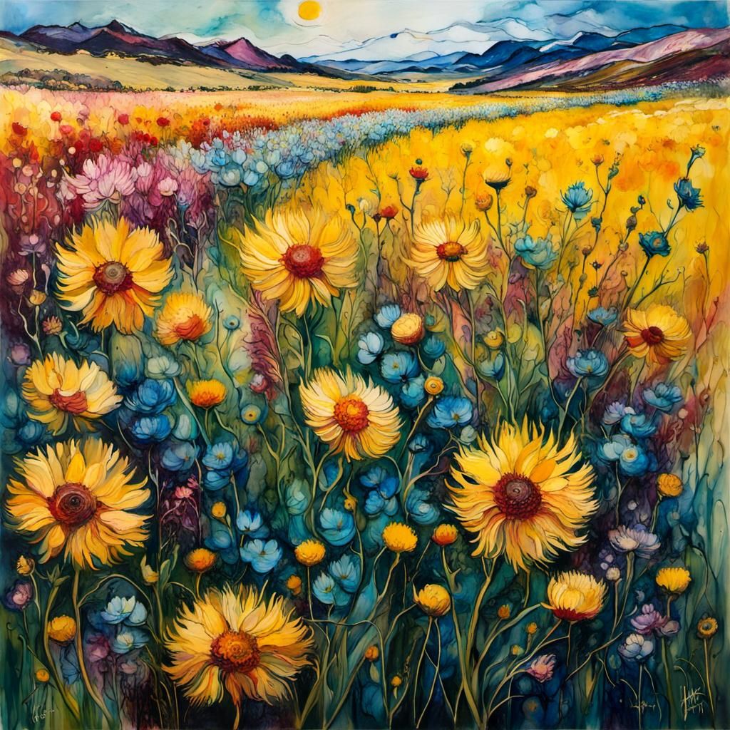 Colorful Encaustic Flower Field Inspired by Impasto