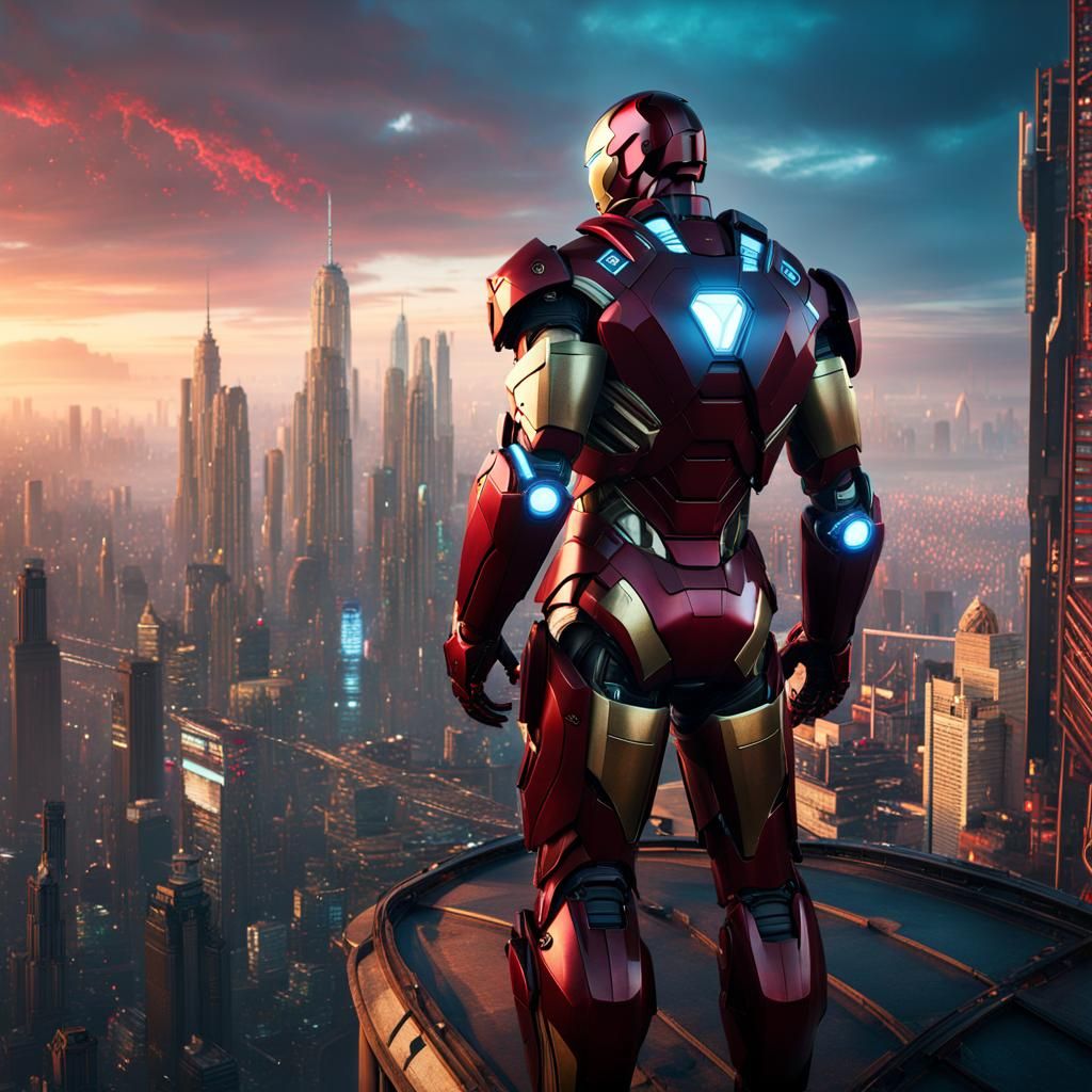 Iron Man in Cyberpunk City: Detailed Matte Painting