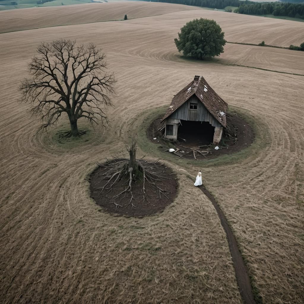 Hyperrealistic Farmhouse Scene with Dog, Girl and Raven