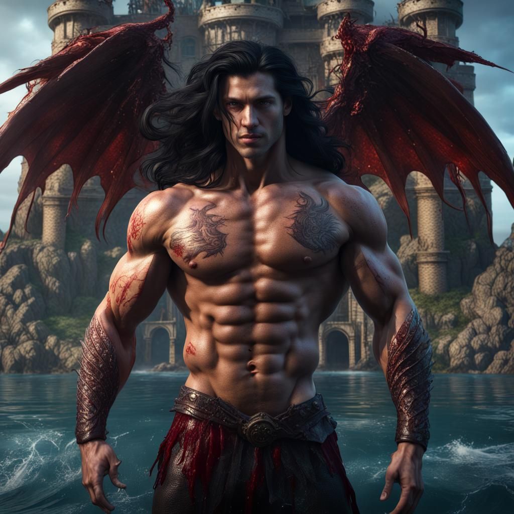 Winged Merman with Ocean Castle, Detailed Digital Art