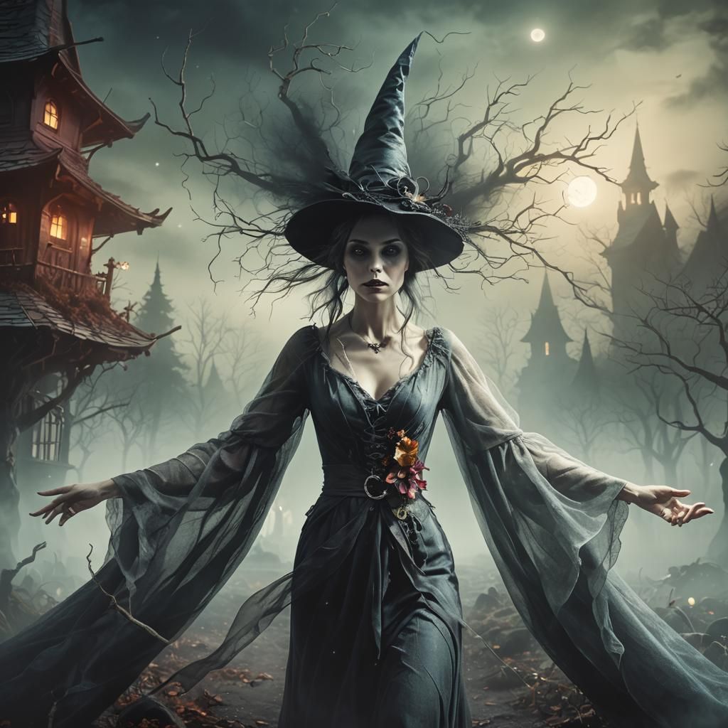 Girl Witch in Eerie Dark Fantasy Forest