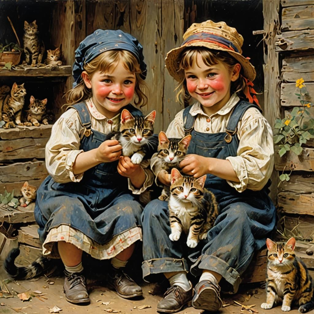 Hillbilly Twins with Cat in Anime Style