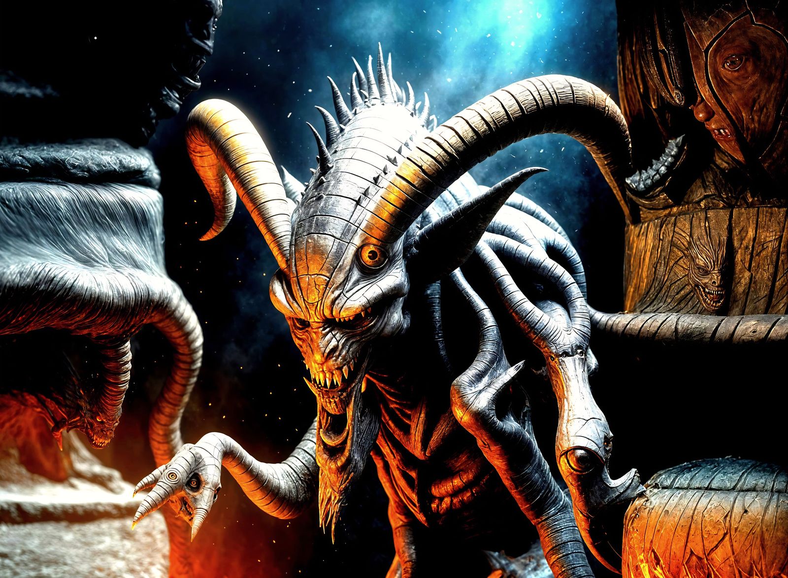 Menacing Demon with Fangs and Horns in Dark Dungeon