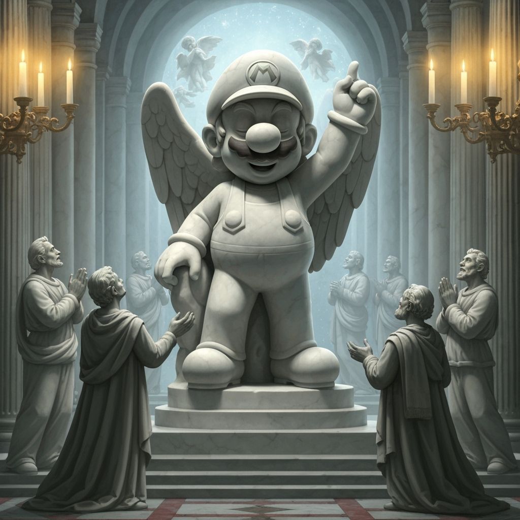 Super Mario Statue Worshipped in Ethereal Renaissance Style