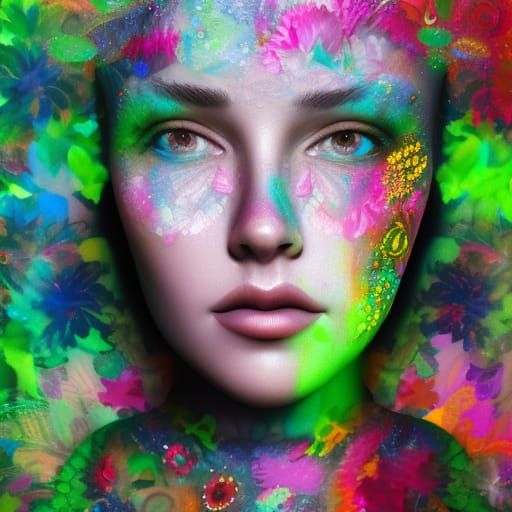 Colorful Mixed Media Portrait with Floral Elements