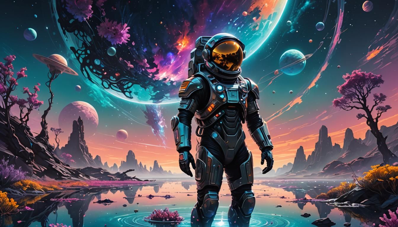 Astronaut Exploring Vibrant Alien World in Concept Art Style