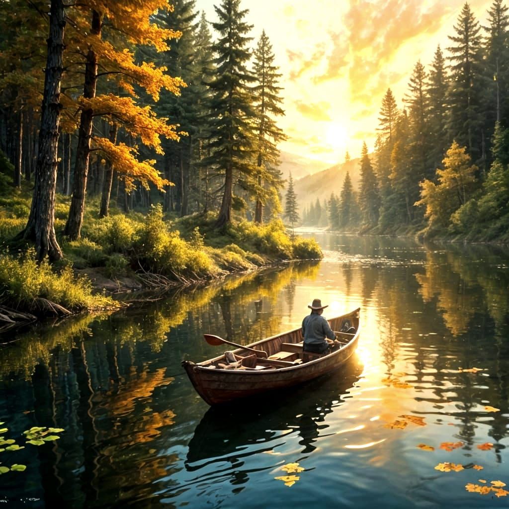 Fisherman in Boat Near Forest Scene