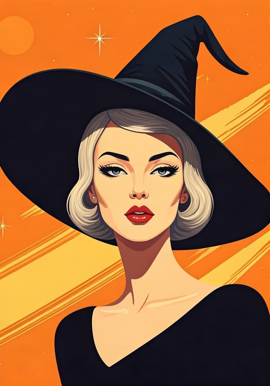 Retro Portrait: Woman in Witch Hat with Vintage Glamour
