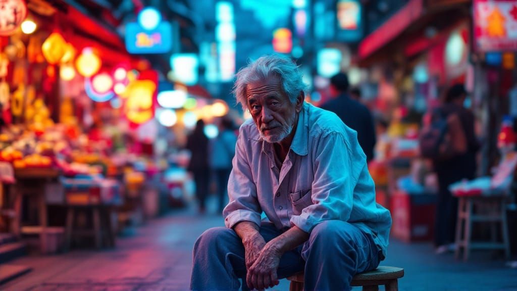 Tokyo Market: Neon Portrait in Dystopian Style